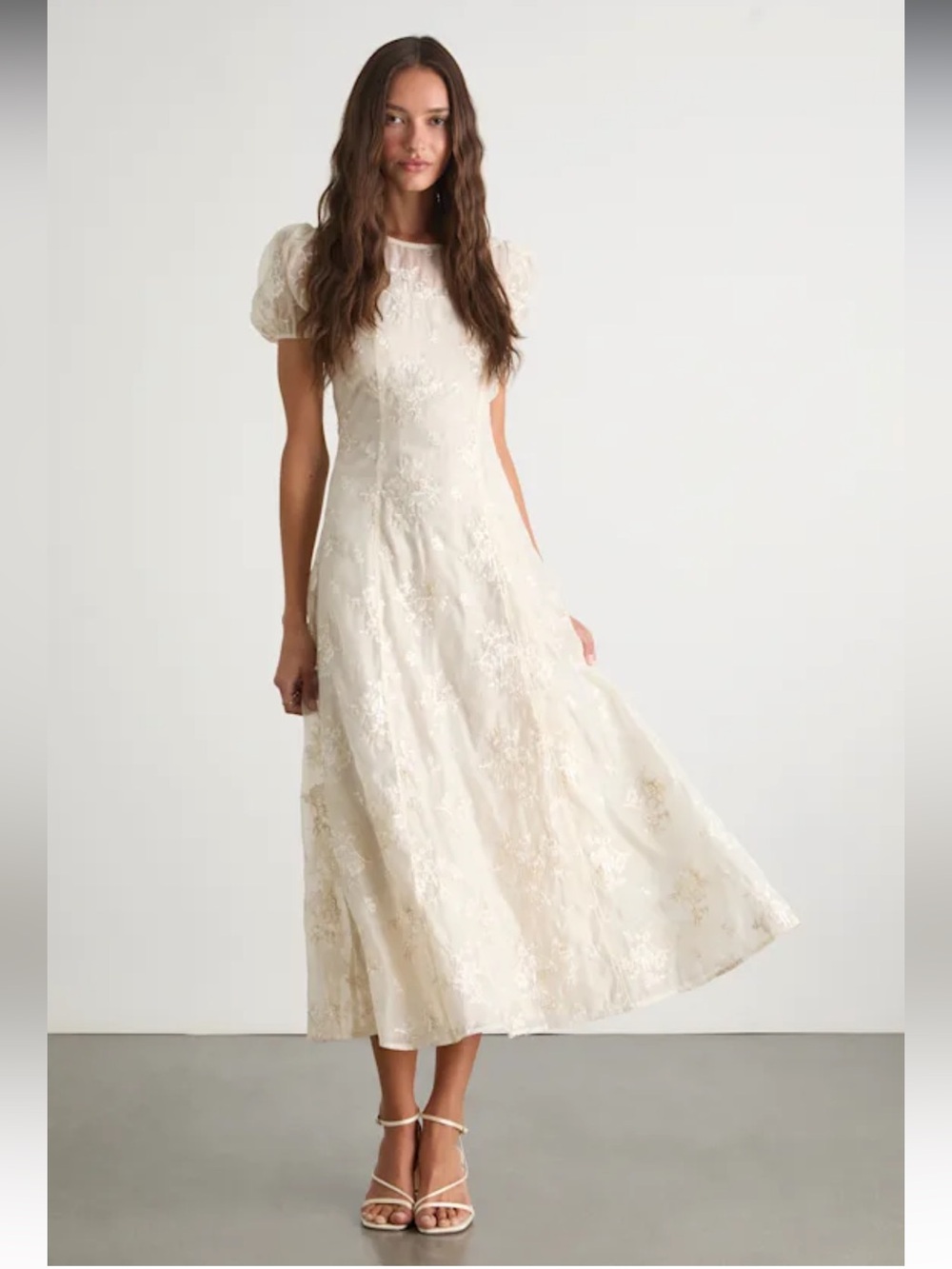 Lulus Elfrieda Cream Floral Embroidered Puff Sleeve Midi Dress Size Medium